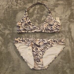 Aerie Brown, Cream & Tan Swirling Print Bikini Set. Size Large